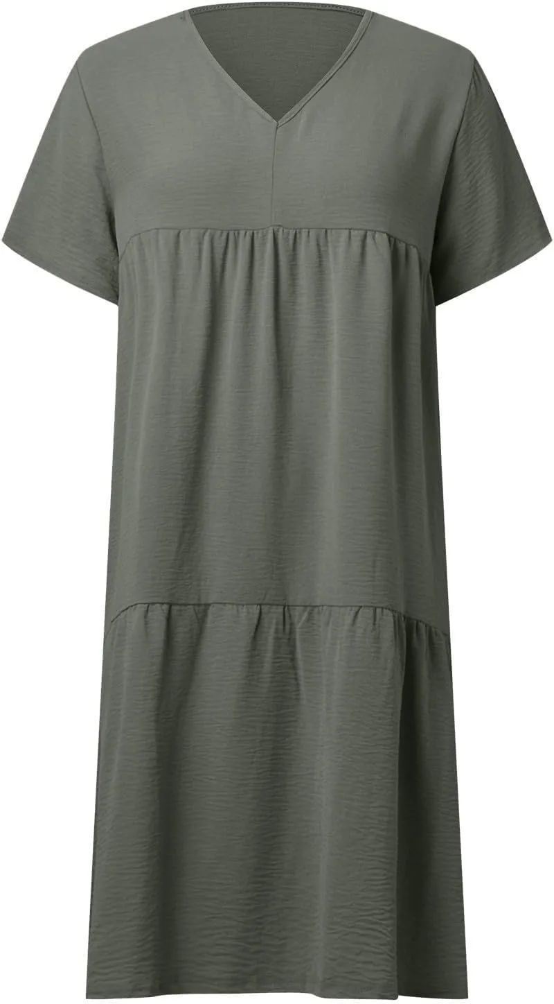 Women's Summer Short Sleeve Casual Dresses V-Neck Linen Loose Flowy Swing Maxi Dress Cute Boho Beach Elegant Sundress