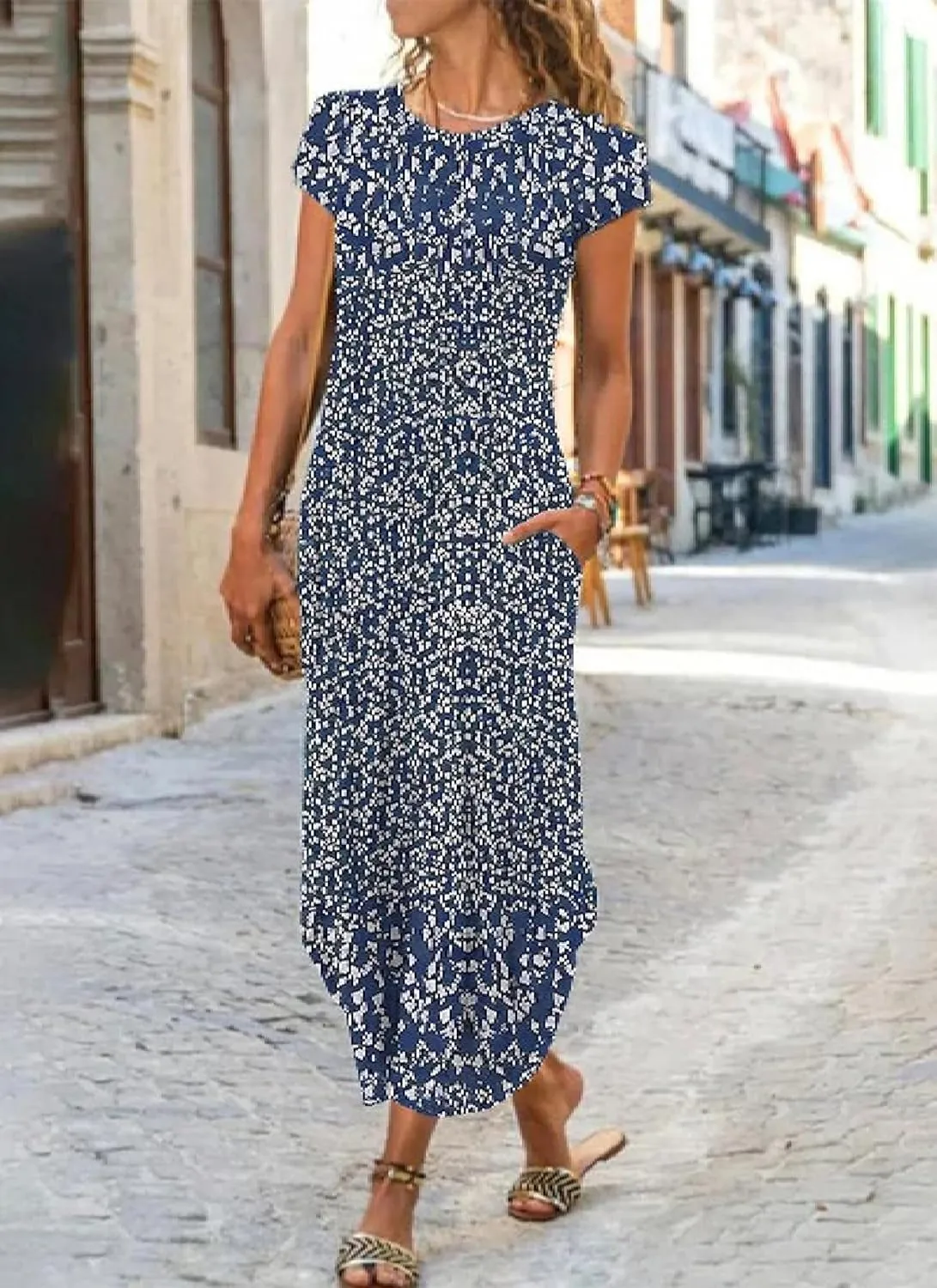 Women's Summer Spring Maxi Dress Floral Split Print Crew Neck Short Sleeve Causal Loose Shift Daily Date Long Dress