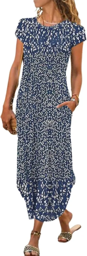 Women's Summer Spring Maxi Dress Floral Split Print Crew Neck Short Sleeve Causal Loose Shift Daily Date Long Dress