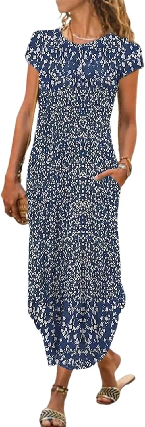 Women's Summer Spring Maxi Dress Floral Split Print Crew Neck Short Sleeve Causal Loose Shift Daily Date Long Dress