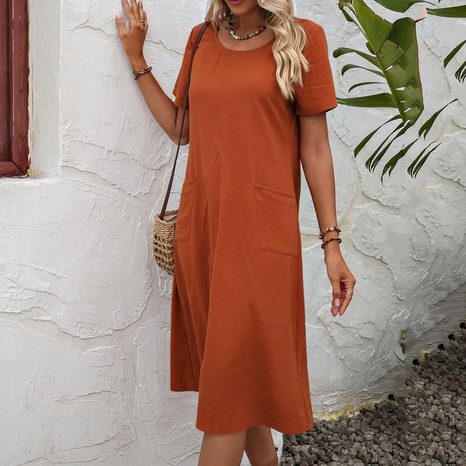 Womens Summer T Shirt Dresses with Pockets Cotton Linen Casual Loose Short Sleeve Tunic Dress Solid Basic Slim Dress