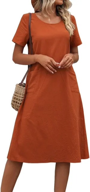 Womens Summer T Shirt Dresses with Pockets Cotton Linen Casual Loose Short Sleeve Tunic Dress Solid Basic Slim Dress