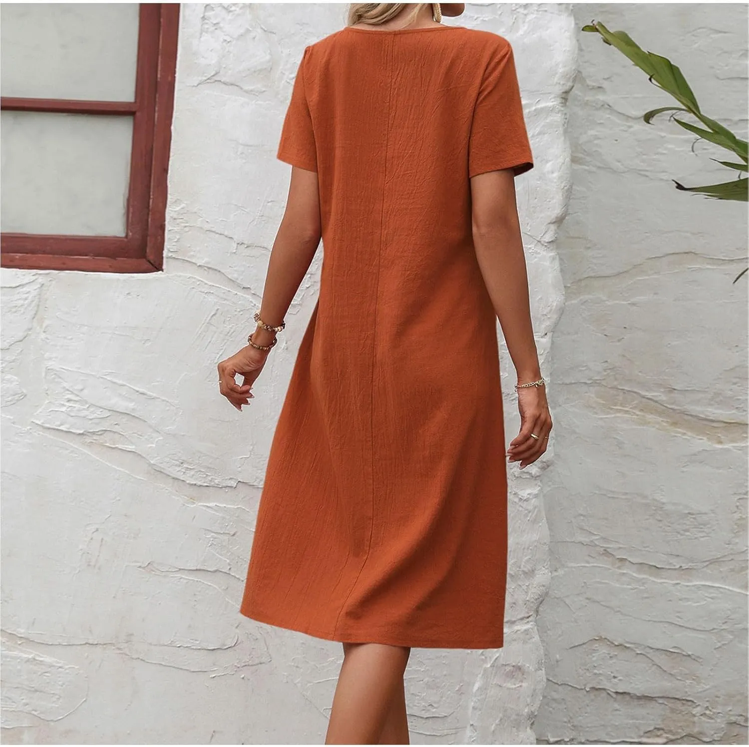 Womens Summer T Shirt Dresses with Pockets Cotton Linen Casual Loose Short Sleeve Tunic Dress Solid Basic Slim Dress