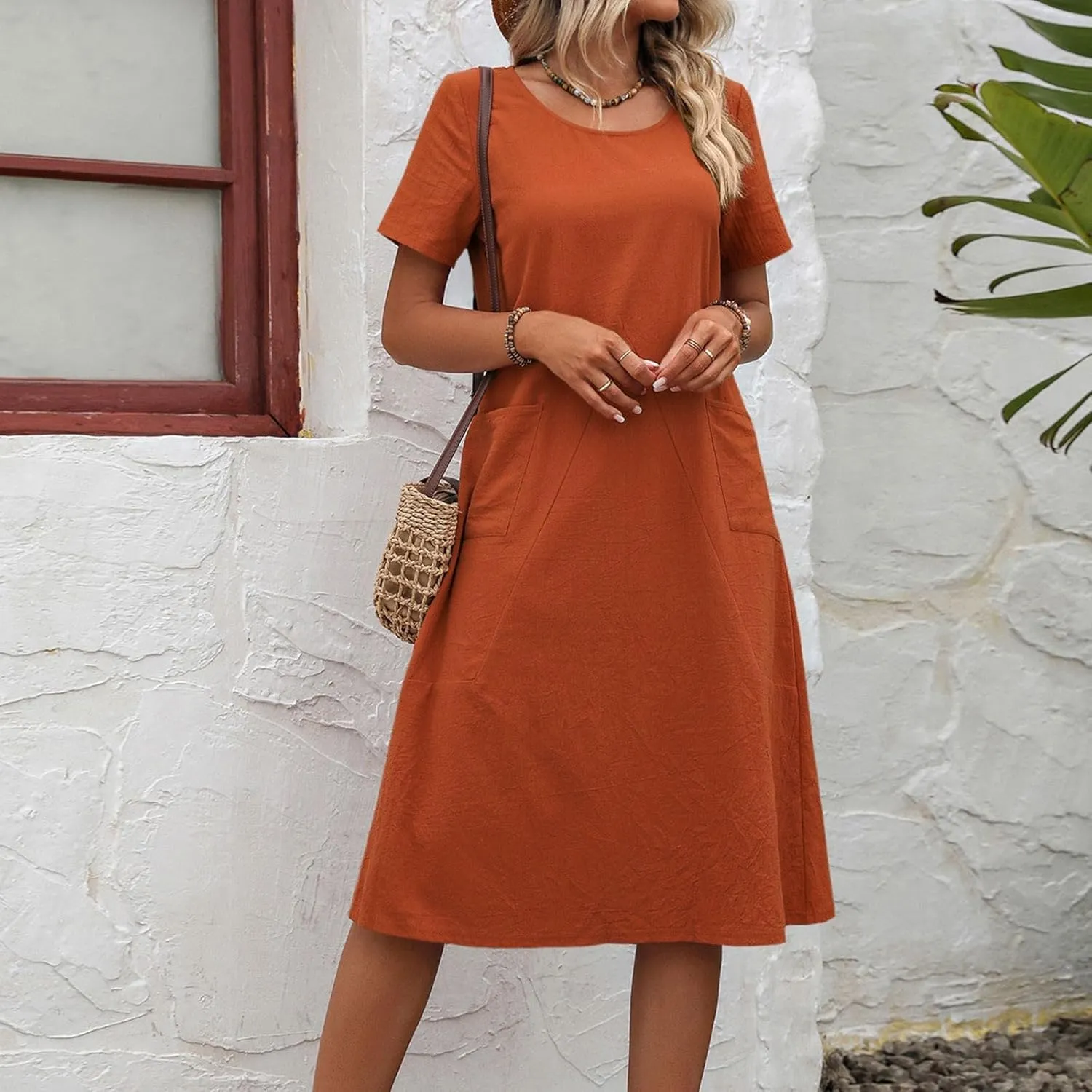 Womens Summer T Shirt Dresses with Pockets Cotton Linen Casual Loose Short Sleeve Tunic Dress Solid Basic Slim Dress