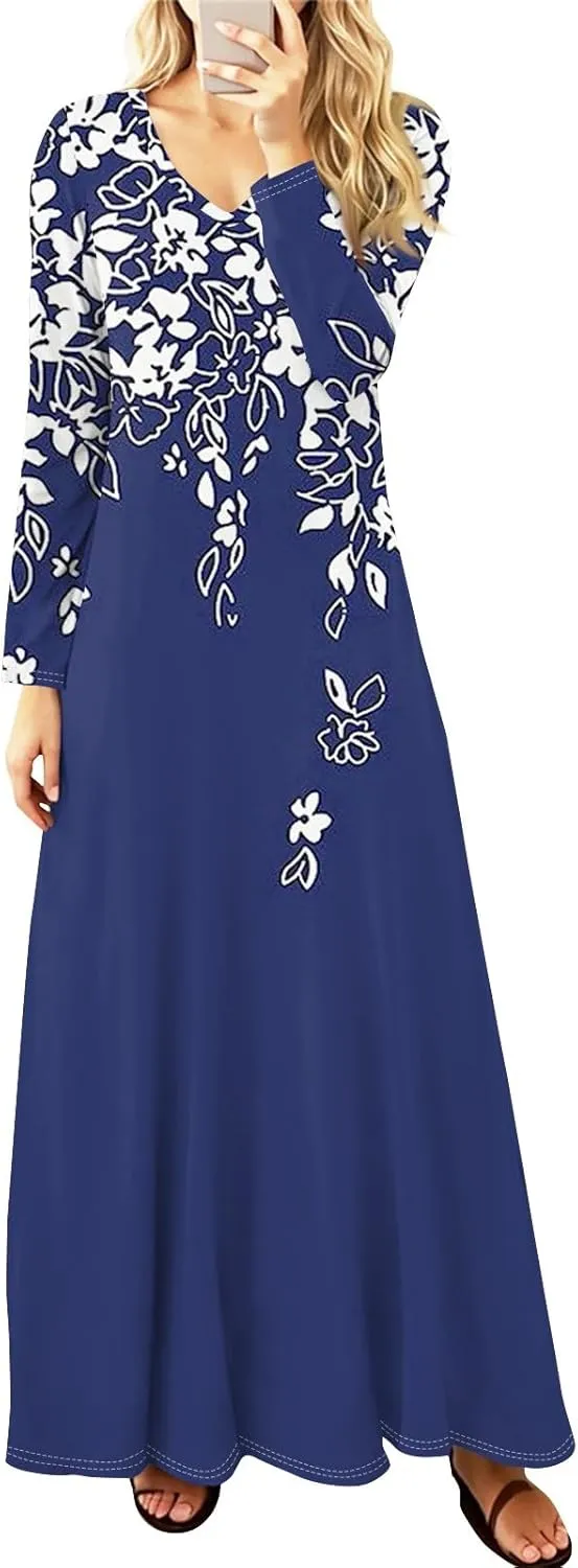 Womens Summer Trendy Fashion Long Sleeve Floral Print Dresses Classy V-Neck Long Dress