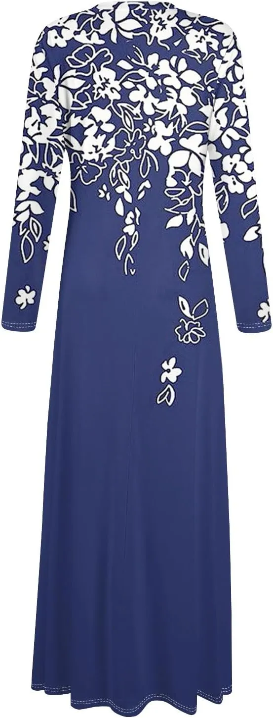 Womens Summer Trendy Fashion Long Sleeve Floral Print Dresses Classy V-Neck Long Dress