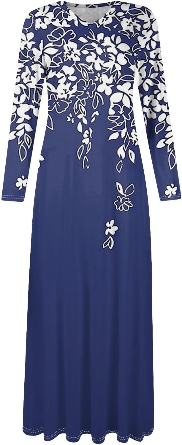 Womens Summer Trendy Fashion Long Sleeve Floral Print Dresses Classy V-Neck Long Dress