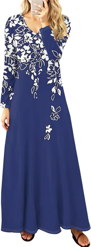 Womens Summer Trendy Fashion Long Sleeve Floral Print Dresses Classy V-Neck Long Dress