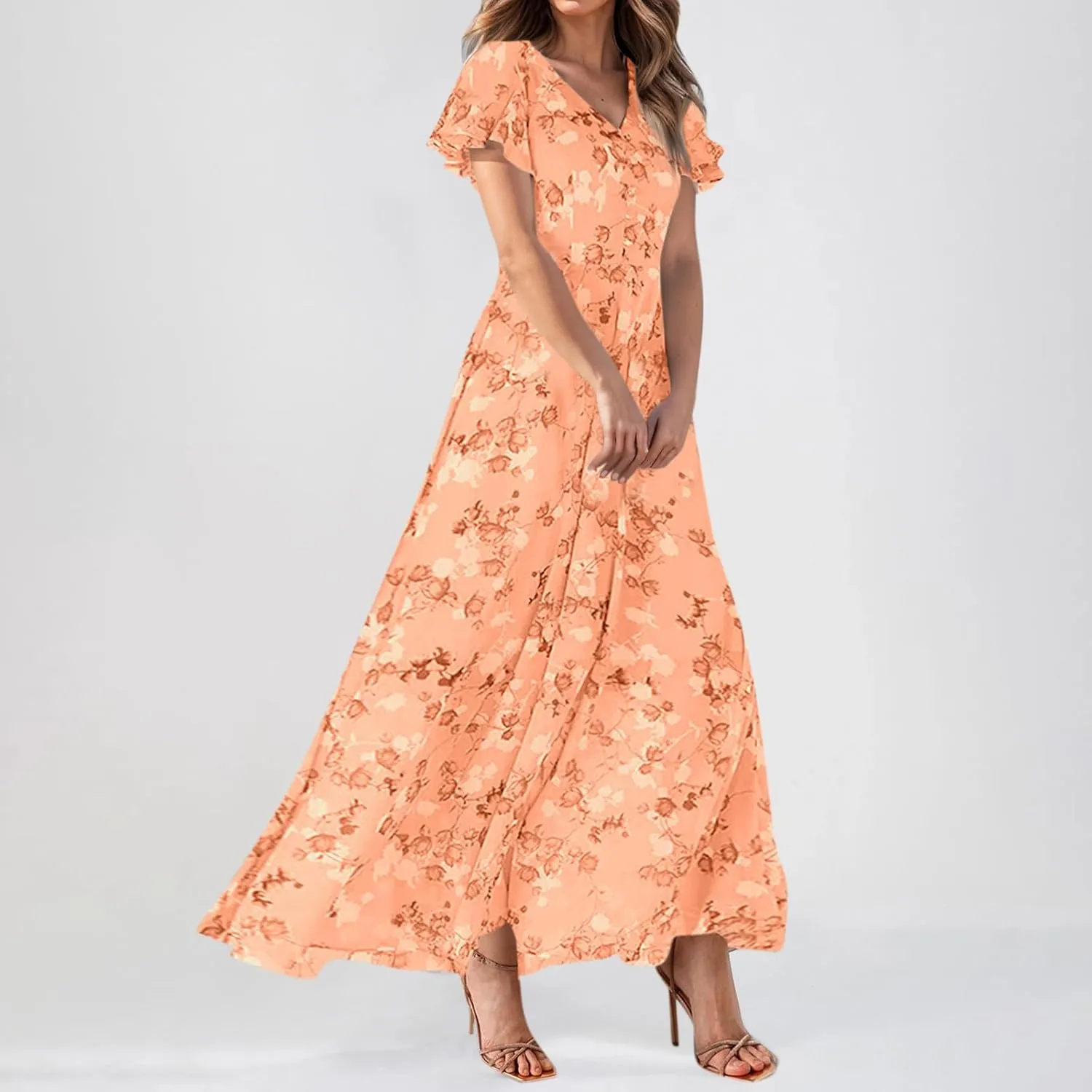 Womens Summer Wrap V Neck Casual Dresses Boho Floral V Neck Short Sleeve Ruffle A-Line Midi Sundress