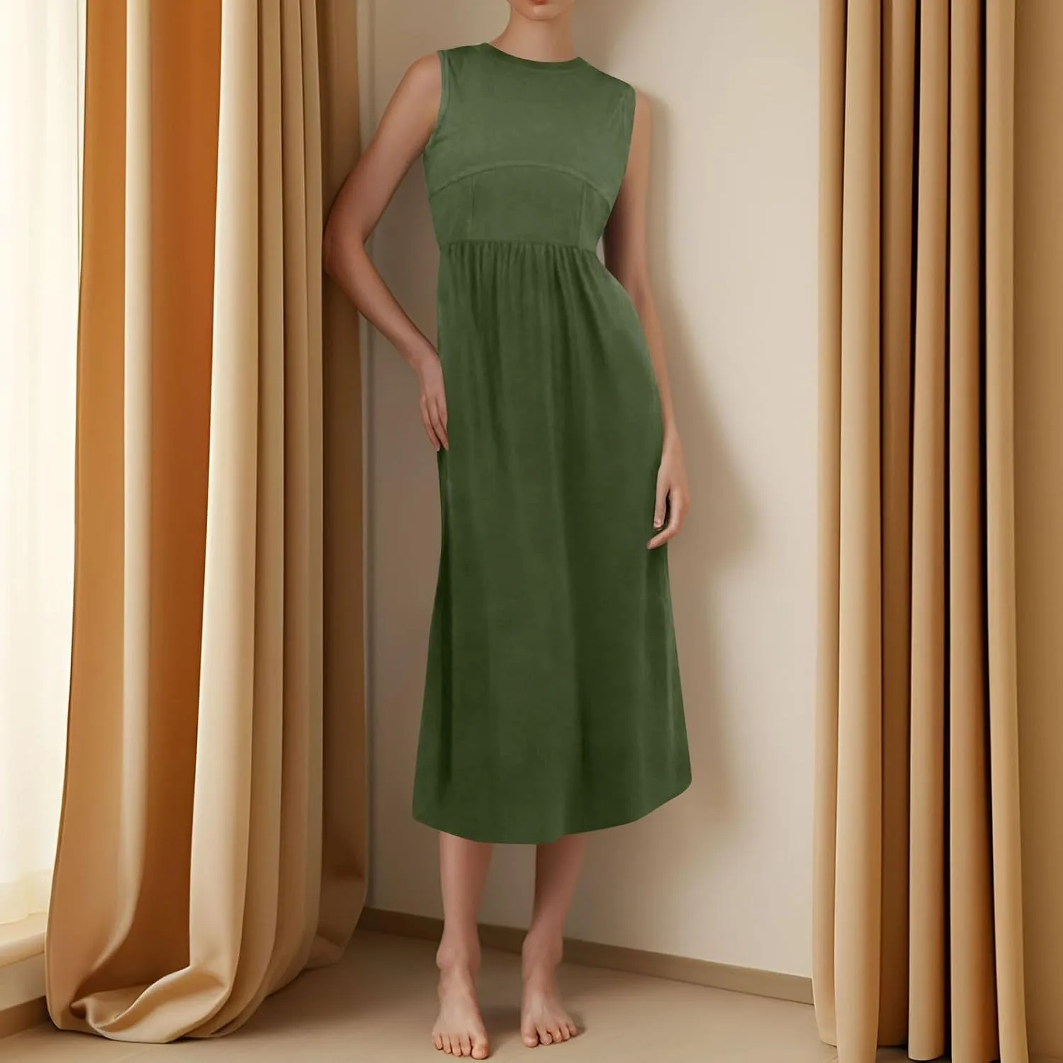 Womens Sundress Tank Top Summer Boho Dress Pleated Wrap Dress Plus Size Sleeveless Western Ruched Dresses with Pockets
