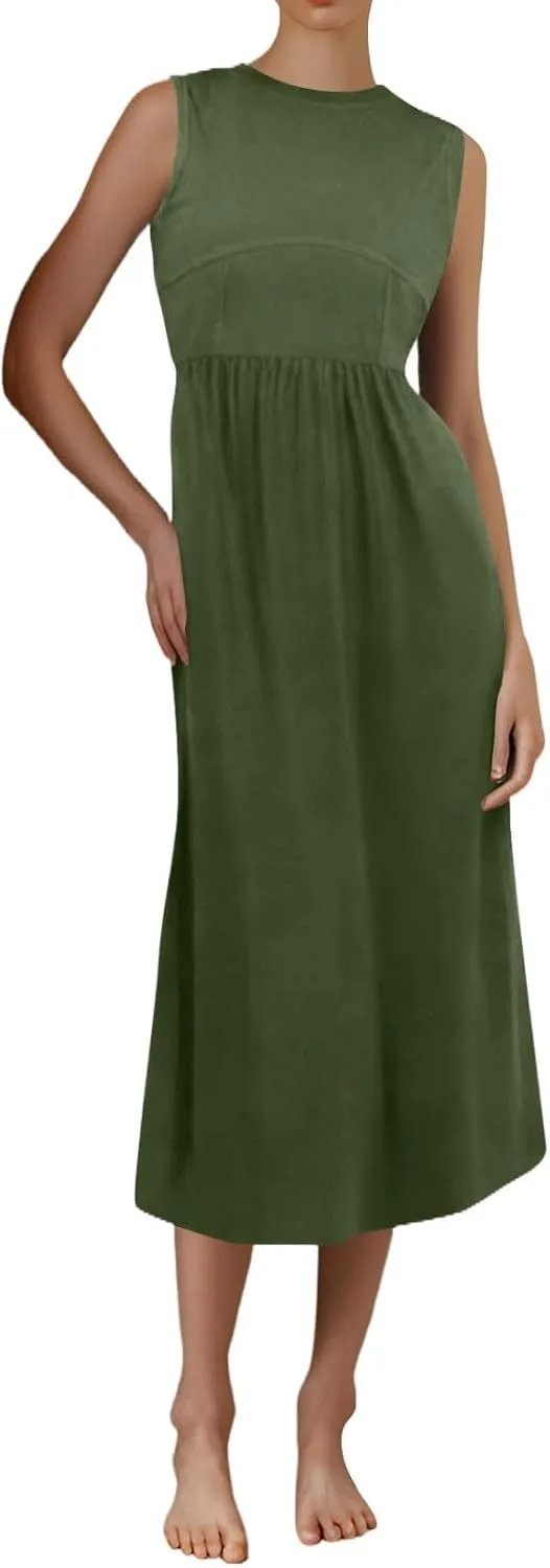 Womens Sundress Tank Top Summer Boho Dress Pleated Wrap Dress Plus Size Sleeveless Western Ruched Dresses with Pockets