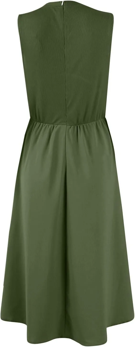 Womens Sundress Tank Top Summer Boho Dress Pleated Wrap Dress Plus Size Sleeveless Western Ruched Dresses with Pockets