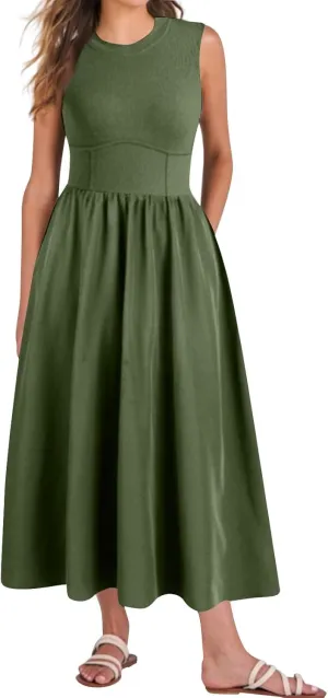 Womens Sundress Tank Top Summer Boho Dress Pleated Wrap Dress Plus Size Sleeveless Western Ruched Dresses with Pockets