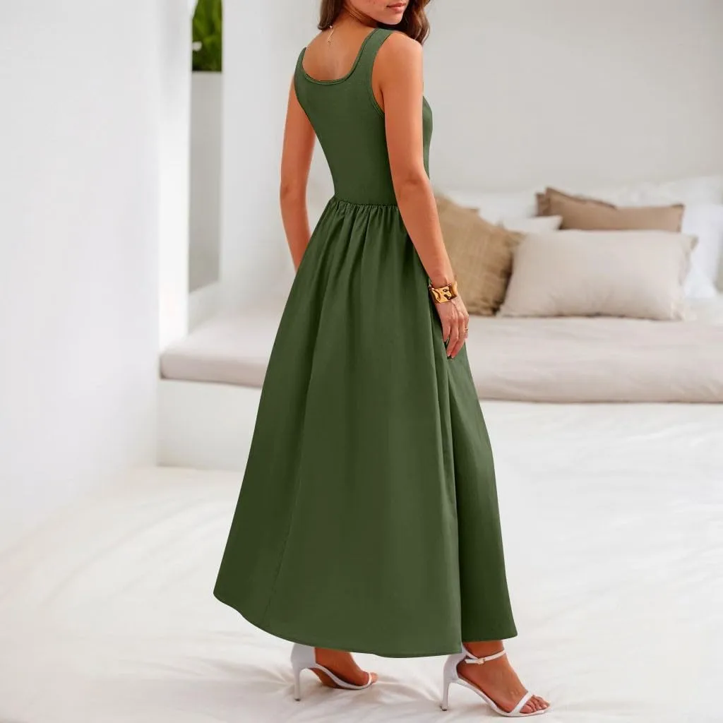 Womens Sundress Tank Top Summer Boho Dress Pleated Wrap Dress Plus Size Sleeveless Western Ruched Dresses with Pockets