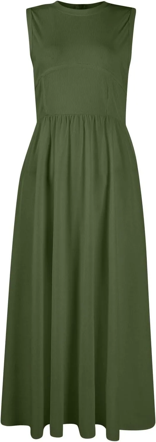 Womens Sundress Tank Top Summer Boho Dress Pleated Wrap Dress Plus Size Sleeveless Western Ruched Dresses with Pockets