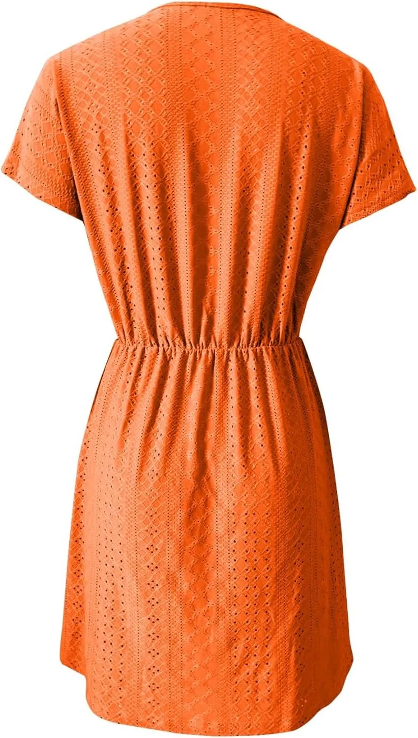 Women's Swimsuit Cover Ups V-Neck Slit Eyelet Embroidery Bikini Beachwear Flowy Short Sleeve Beach Dress