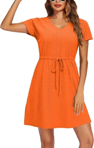Women's Swimsuit Cover Ups V-Neck Slit Eyelet Embroidery Bikini Beachwear Flowy Short Sleeve Beach Dress