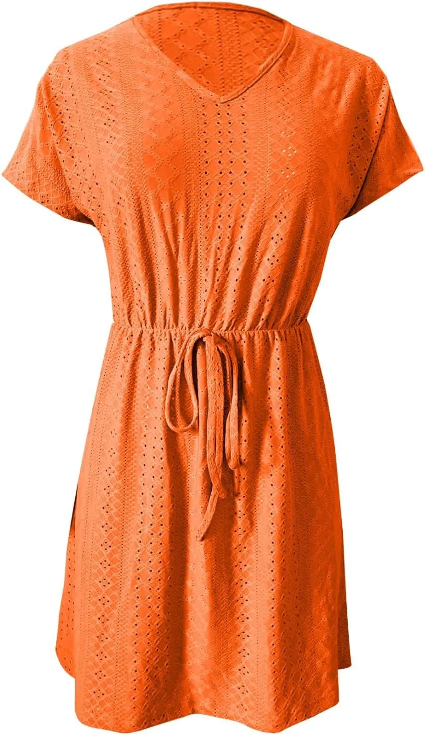 Women's Swimsuit Cover Ups V-Neck Slit Eyelet Embroidery Bikini Beachwear Flowy Short Sleeve Beach Dress