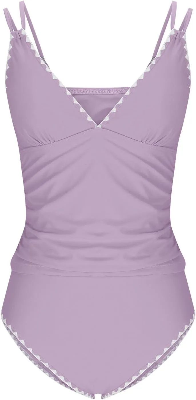 Womens Tankini Swimsuits Sexy V Neck Push Up Swimwear Color Block Tummy Control High Waist Bathing Suits with Bottom