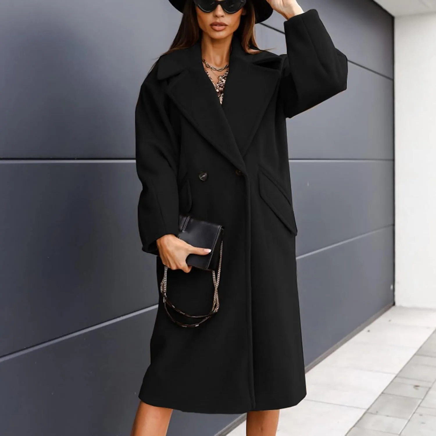 Women's Trench Coat Long Double-Breasted Blazer Bussiness Casual Cardigan Notch Lapel Elegant Jacket Wool Pea Coats