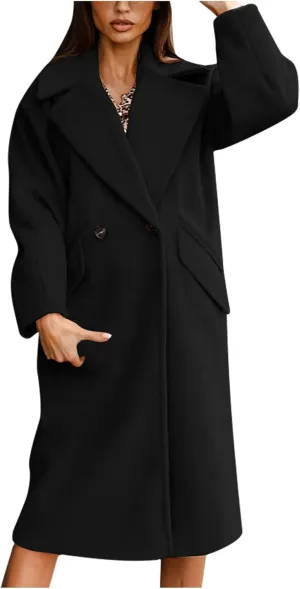 Women's Trench Coat Long Double-Breasted Blazer Bussiness Casual Cardigan Notch Lapel Elegant Jacket Wool Pea Coats