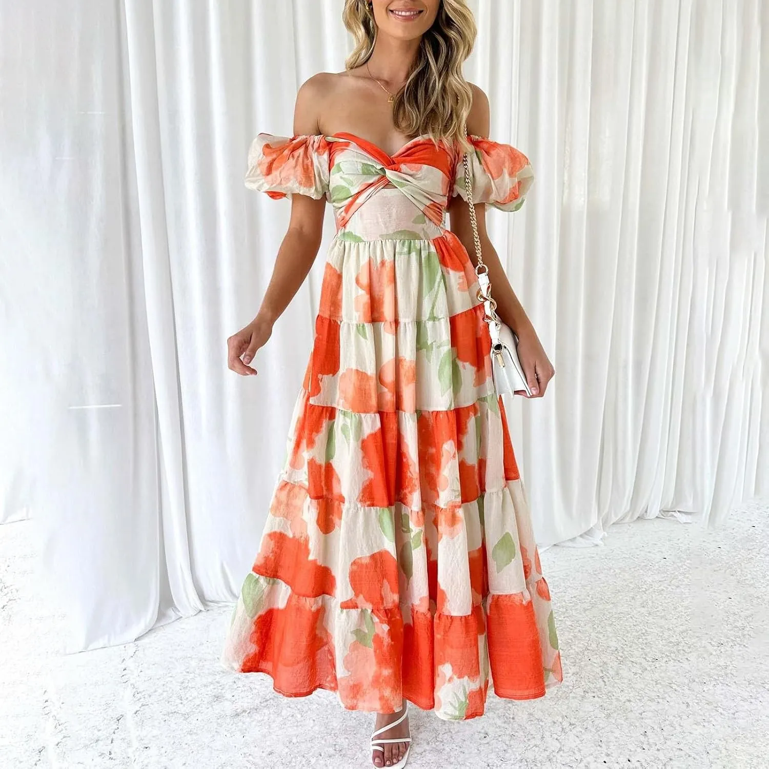 Women's Trendy Boho Floral Maxi Dress V-Neck Long Ruffle Hem Puffy Bubble Short Sleeve Flowy Midi Dresses