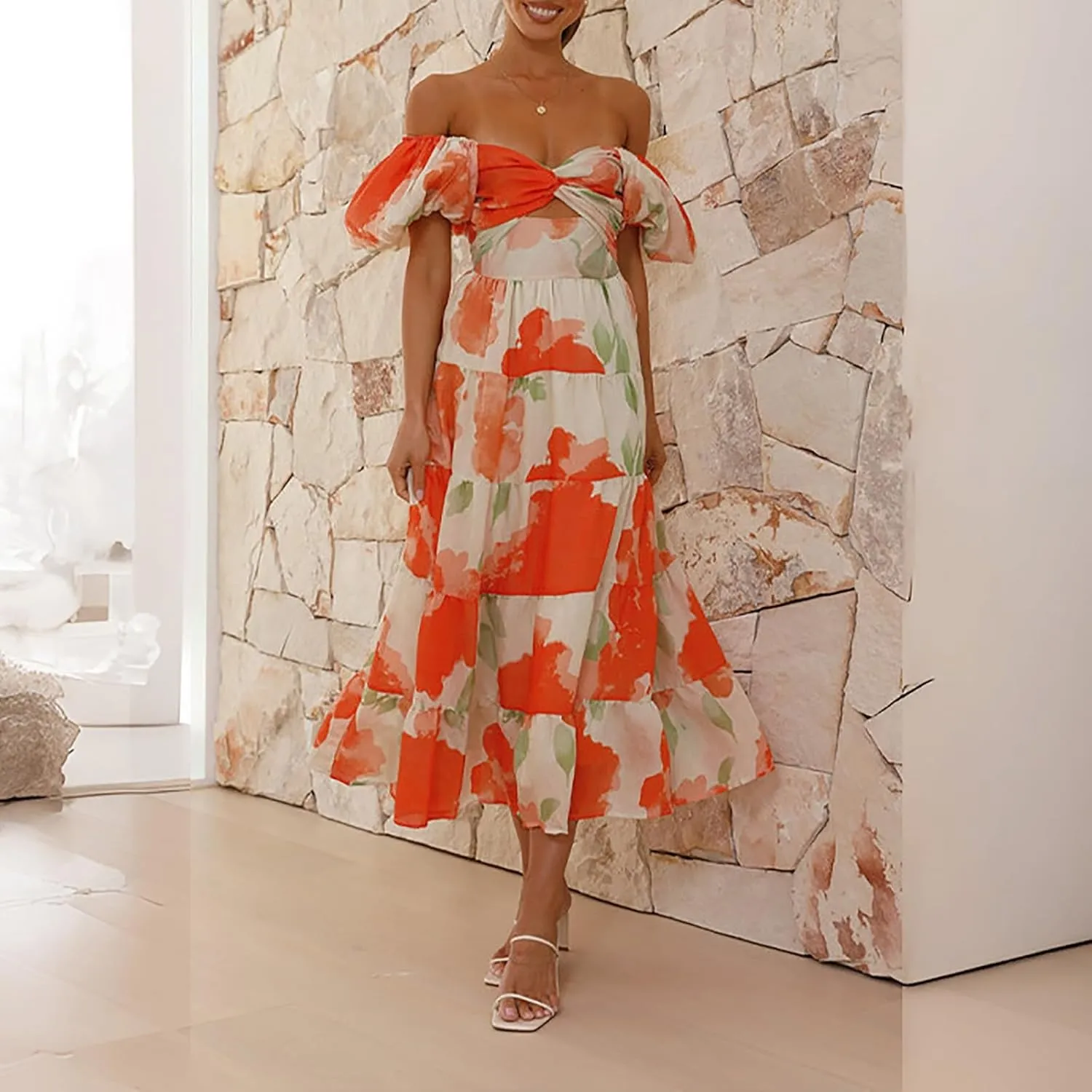 Women's Trendy Boho Floral Maxi Dress V-Neck Long Ruffle Hem Puffy Bubble Short Sleeve Flowy Midi Dresses