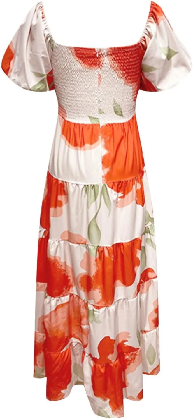 Women's Trendy Boho Floral Maxi Dress V-Neck Long Ruffle Hem Puffy Bubble Short Sleeve Flowy Midi Dresses