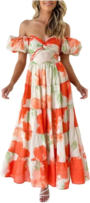 Women's Trendy Boho Floral Maxi Dress V-Neck Long Ruffle Hem Puffy Bubble Short Sleeve Flowy Midi Dresses