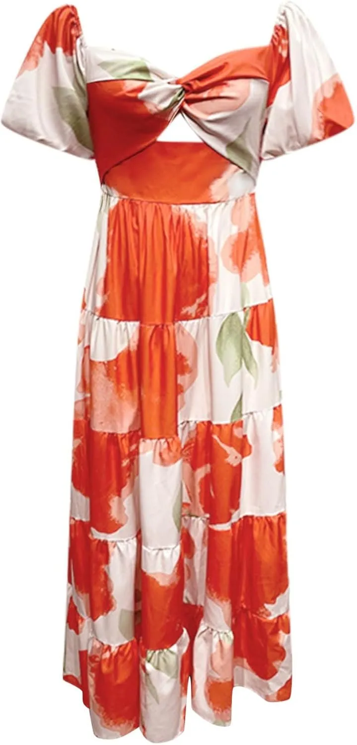 Women's Trendy Boho Floral Maxi Dress V-Neck Long Ruffle Hem Puffy Bubble Short Sleeve Flowy Midi Dresses