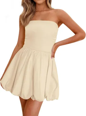 Women's Tube Top Dress Summer Casual A Line Sundress Bubble Skirt Short Mini Dresses 2025 Trendy Party Club Dresses