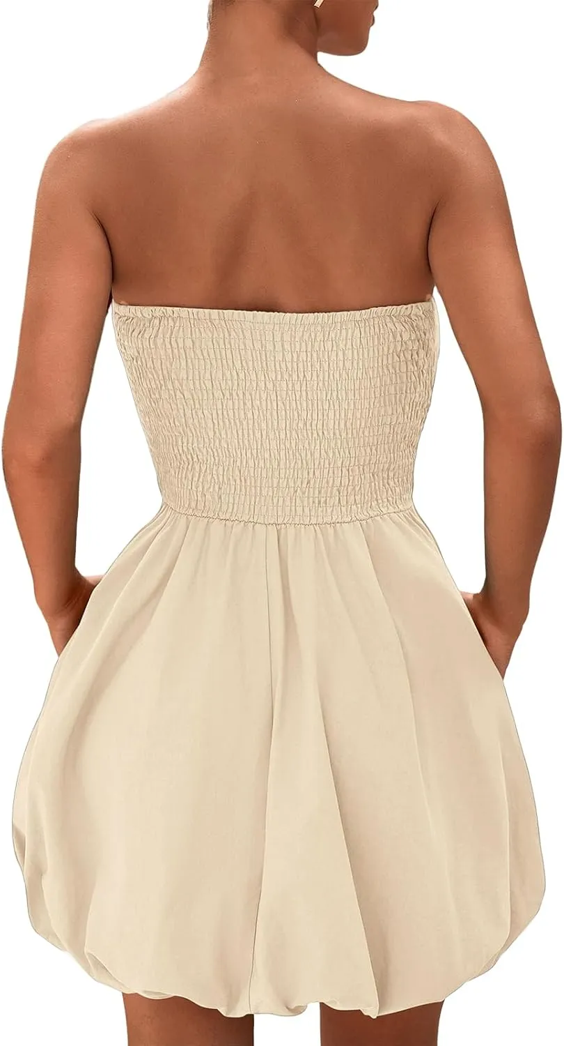 Women's Tube Top Dress Summer Casual A Line Sundress Bubble Skirt Short Mini Dresses 2025 Trendy Party Club Dresses