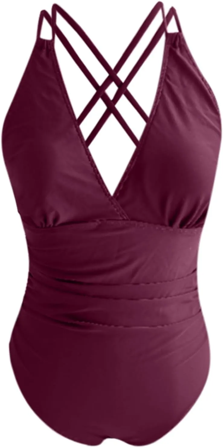 Womens Tummy Control One Piece Bathing Suits Sexy V Neck Push Up Swimsuits Slimming Swimwear Ruched Swim Suit