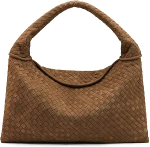 Women's Vegan Leather Woven Tote, Vintage Suede Hobo, Suede Woven Purse Shoulder Bag Top-Handle Bag