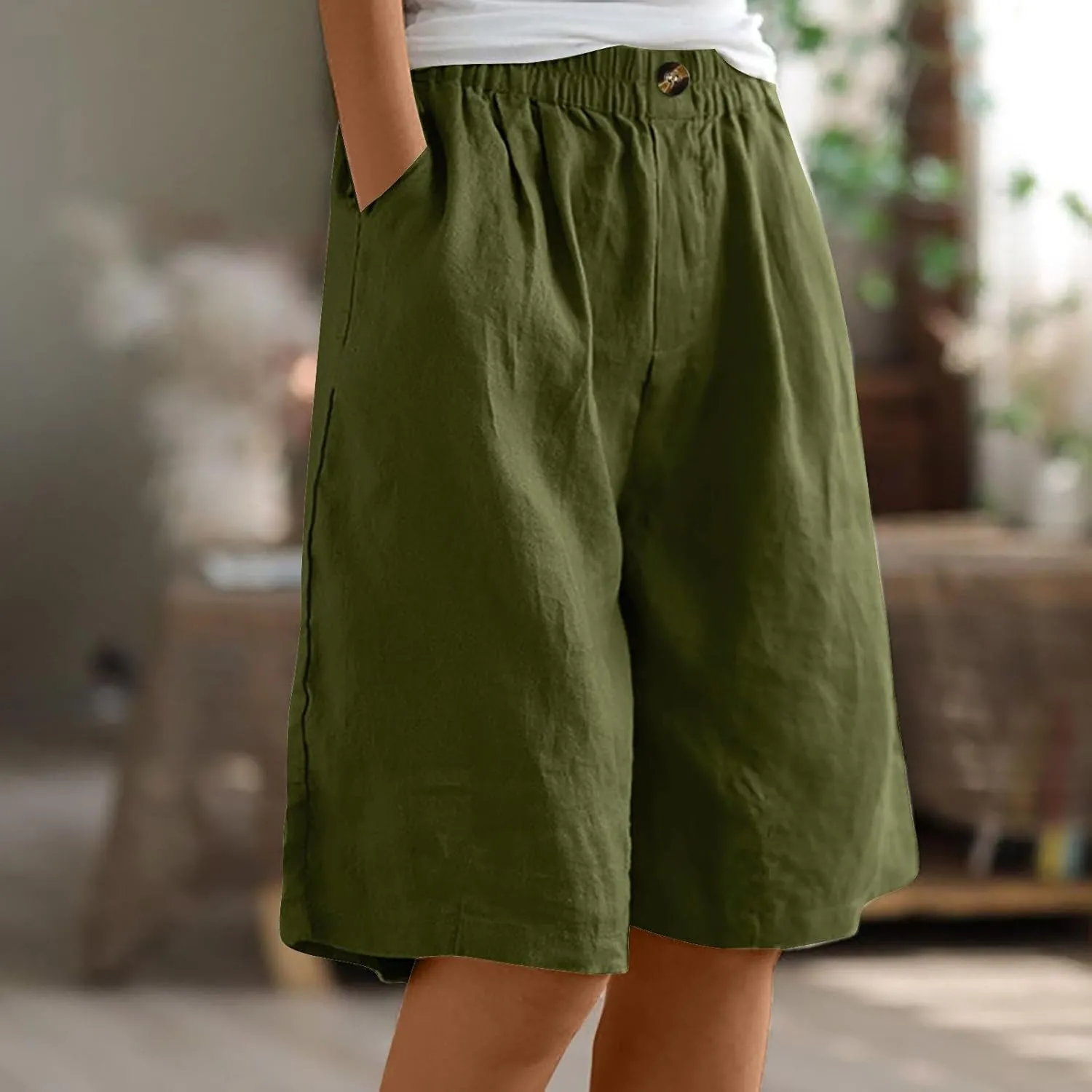 Womens Wide Leg Cotton Linen Shorts 2025 Comfy Bermuda Shorts Summer Casual Short Pants Loose Knee Length Shorts
