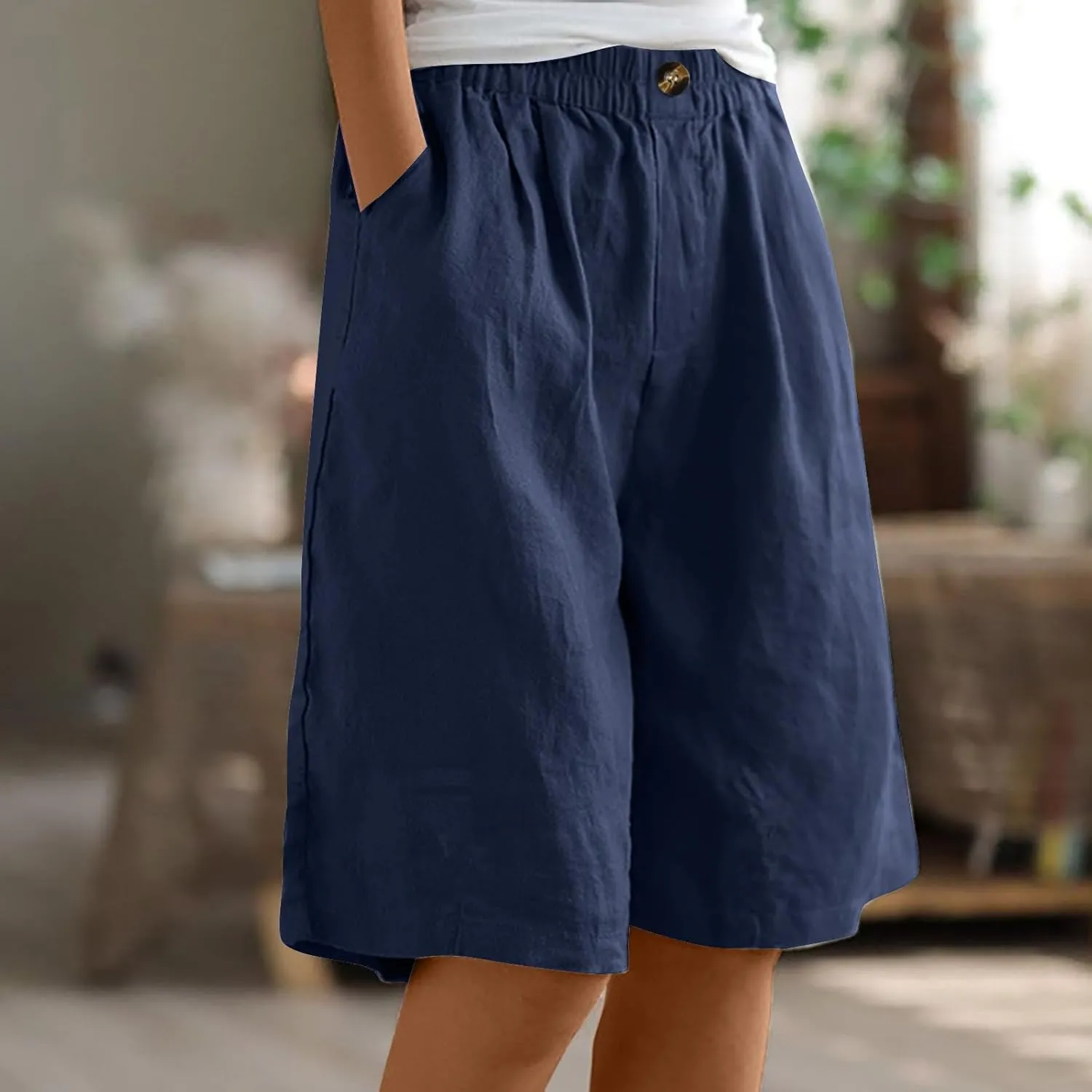 Womens Wide Leg Cotton Linen Shorts 2025 Comfy Bermuda Shorts Summer Casual Short Pants Loose Knee Length Shorts