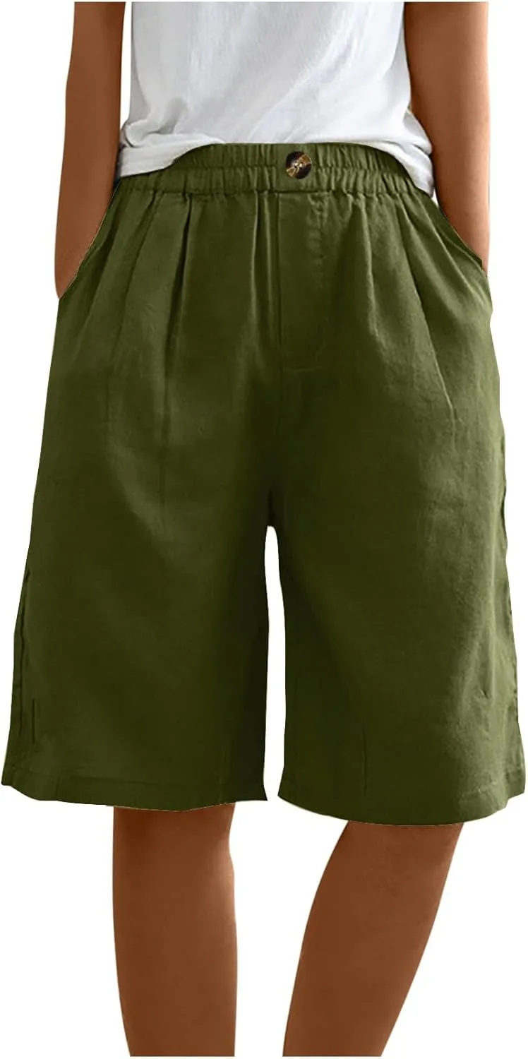 Womens Wide Leg Cotton Linen Shorts 2025 Comfy Bermuda Shorts Summer Casual Short Pants Loose Knee Length Shorts