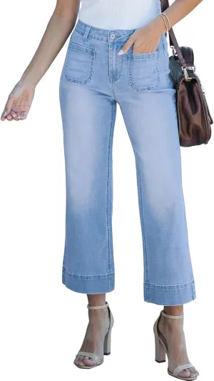 Women's Wide Leg Jeans Trendy Cropped Flare Jeans High Waisted Denim Pants Stretchy Baggy with Patch Pockets for Women Light Blue