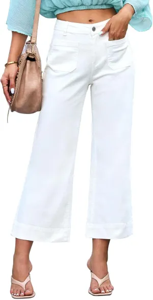 Women's Wide Leg Jeans Trendy Cropped Flare Jeans High Waisted Denim Pants Stretchy Baggy with Patch Pockets for Women White
