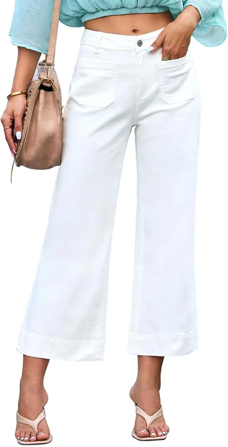 Women's Wide Leg Jeans Trendy Cropped Flare Jeans High Waisted Denim Pants Stretchy Baggy with Patch Pockets for Women White