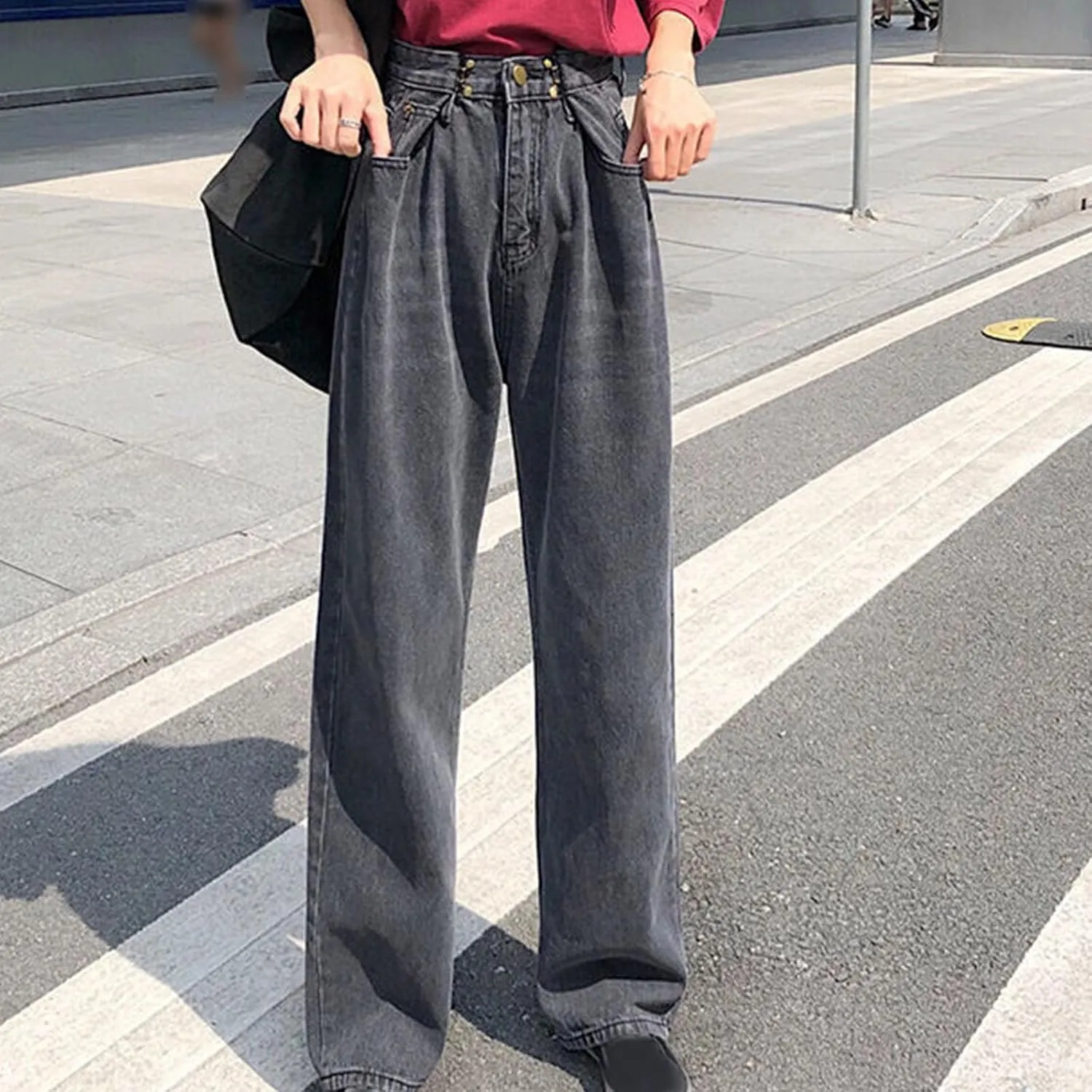 Women's Wide Leg Jeans Vintage High Waisted Stretch Fit Straight Leg Trendy Jeans Buttoned Loose Boyfriend Denim Pants