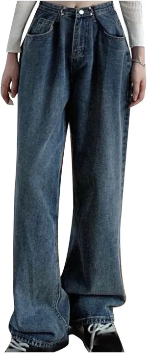 Women's Wide Leg Jeans Vintage High Waisted Stretch Fit Straight Leg Trendy Jeans Buttoned Loose Boyfriend Denim Pants