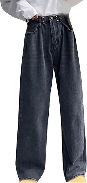 Women's Wide Leg Jeans Vintage High Waisted Stretch Fit Straight Leg Trendy Jeans Buttoned Loose Boyfriend Denim Pants
