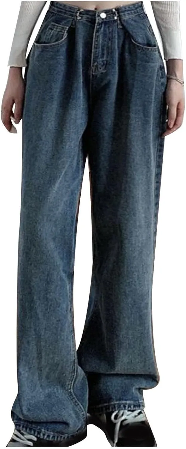 Women's Wide Leg Jeans Vintage High Waisted Stretch Fit Straight Leg Trendy Jeans Buttoned Loose Boyfriend Denim Pants