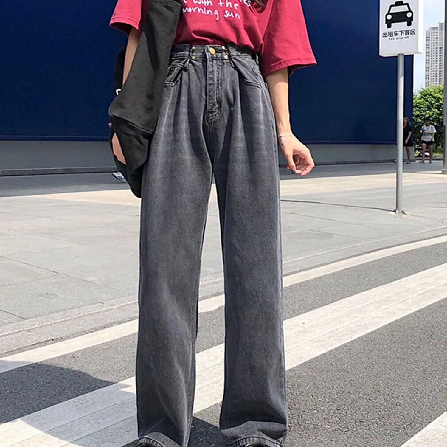 Women's Wide Leg Jeans Vintage High Waisted Stretch Fit Straight Leg Trendy Jeans Buttoned Loose Boyfriend Denim Pants
