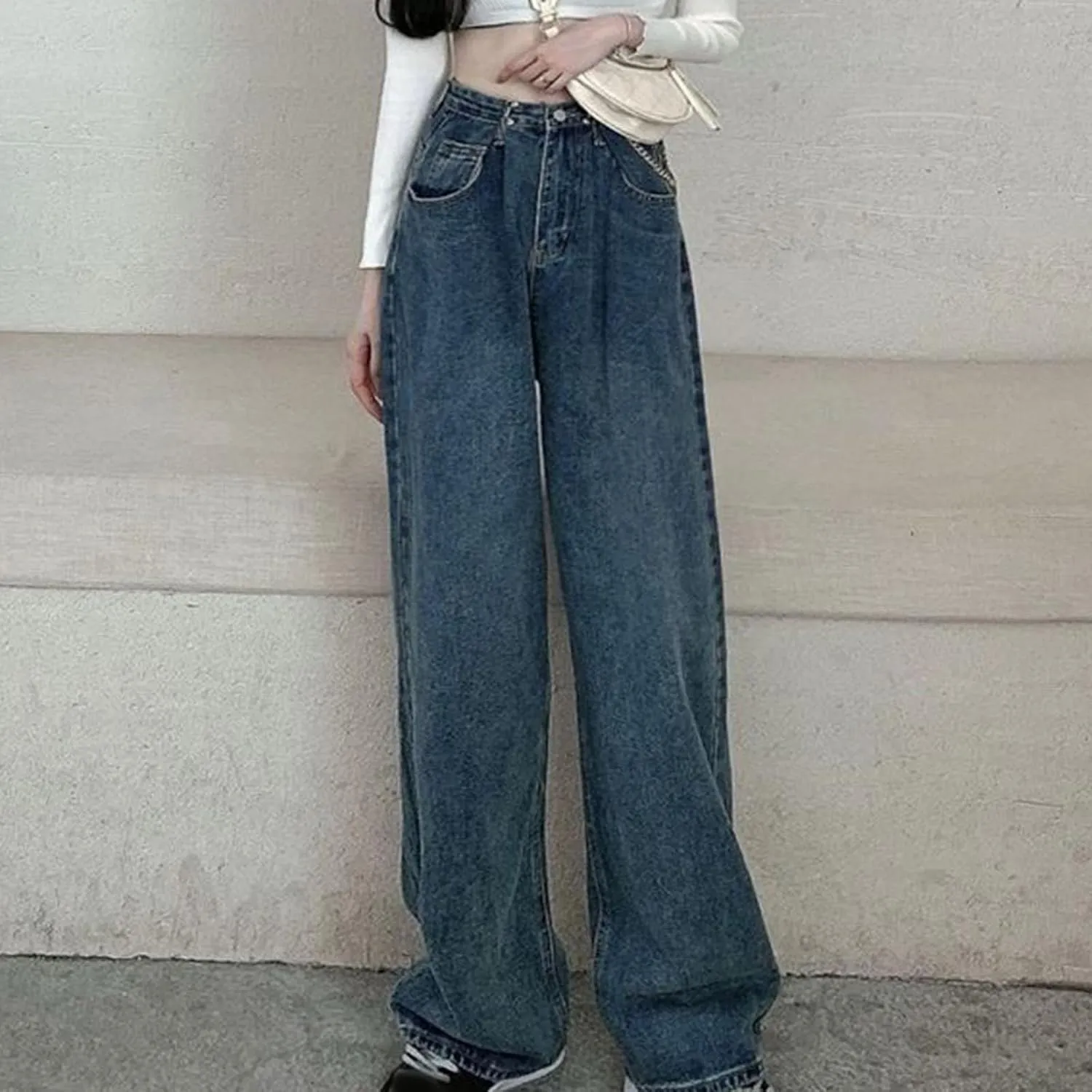 Women's Wide Leg Jeans Vintage High Waisted Stretch Fit Straight Leg Trendy Jeans Buttoned Loose Boyfriend Denim Pants
