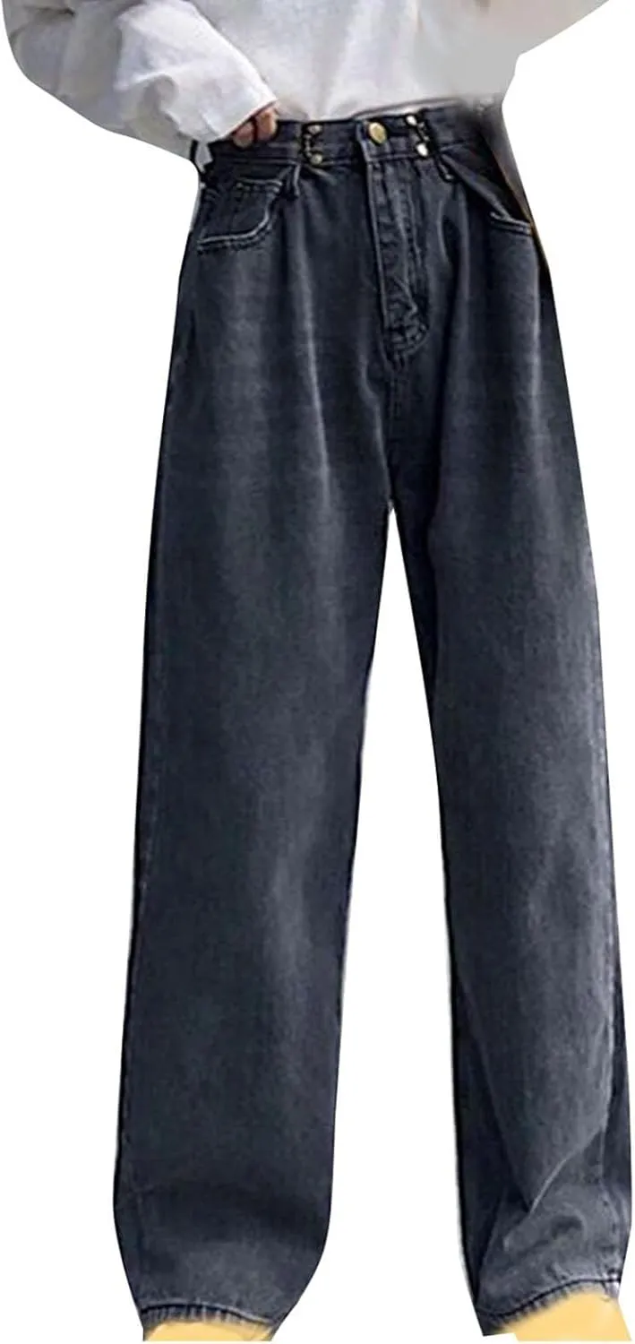 Women's Wide Leg Jeans Vintage High Waisted Stretch Fit Straight Leg Trendy Jeans Buttoned Loose Boyfriend Denim Pants