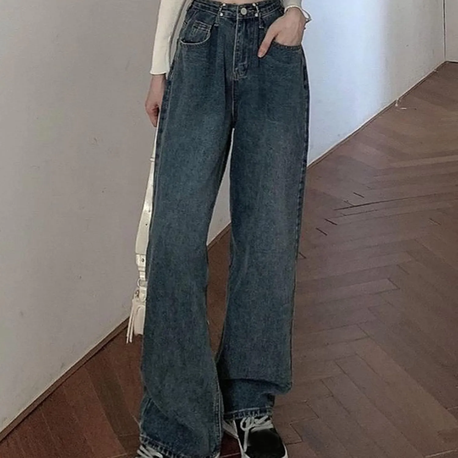 Women's Wide Leg Jeans Vintage High Waisted Stretch Fit Straight Leg Trendy Jeans Buttoned Loose Boyfriend Denim Pants