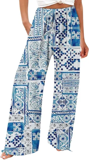 Women's Wide Leg Pants Womens Cotton Casual Loose Pants Comfy Work Pants with Pockets Elastic High Waist Paper Bag