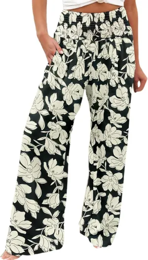 Women's Wide Leg Pants Womens Cotton Casual Loose Pants Comfy Work Pants with Pockets Elastic High Waist Paper Bag